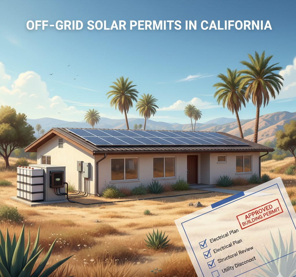 Realistic illustration of an off-grid solar in California home with rooftop panels, battery storage, and an overlay of an approved building permit checklist.