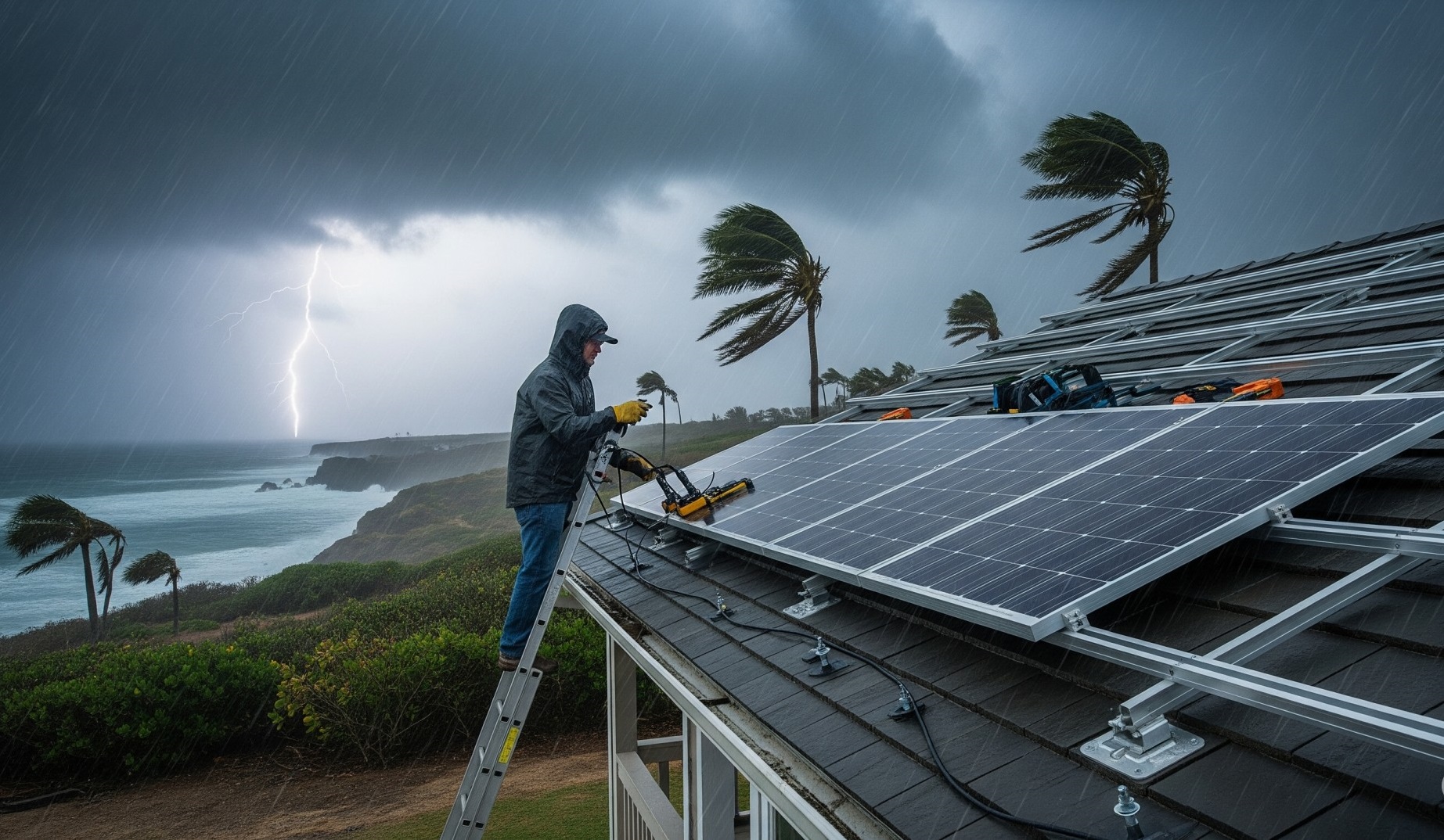 A person on a ladder installs solar panels during a storm near the coast, highlighting the challenges of DIY Solar Installation in hurricane-prone areas.