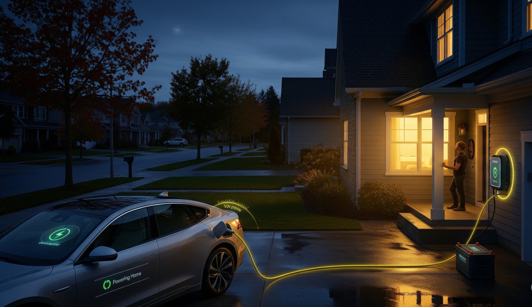 A glowing power cable connects an EV parked in a driveway to a home, illustrating a vehicle-to-home (V2H) system in use during a power outage