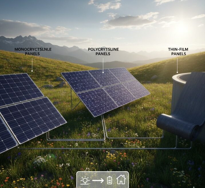 A visual guide to Type of Solar Panel functionality, showing monocrystalline, polycrystalline, and thin-film arrays in a field.