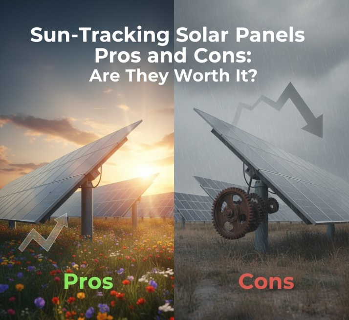 Large sun tracking solar panel system generating power in a sunny, arid landscape.